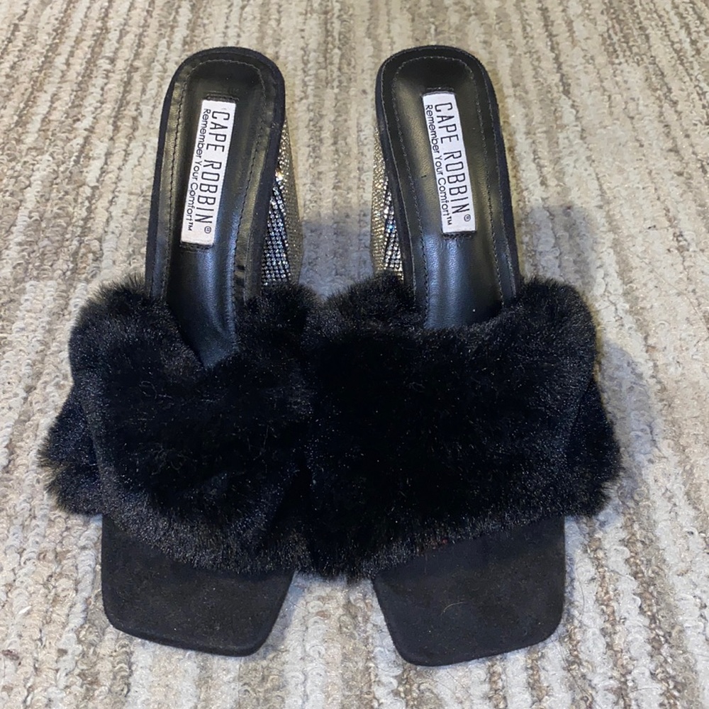 Black fuzzy heels with diamonds
